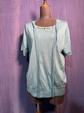 Light Blue Short Sleeve Knit Top with Embellished Neckline